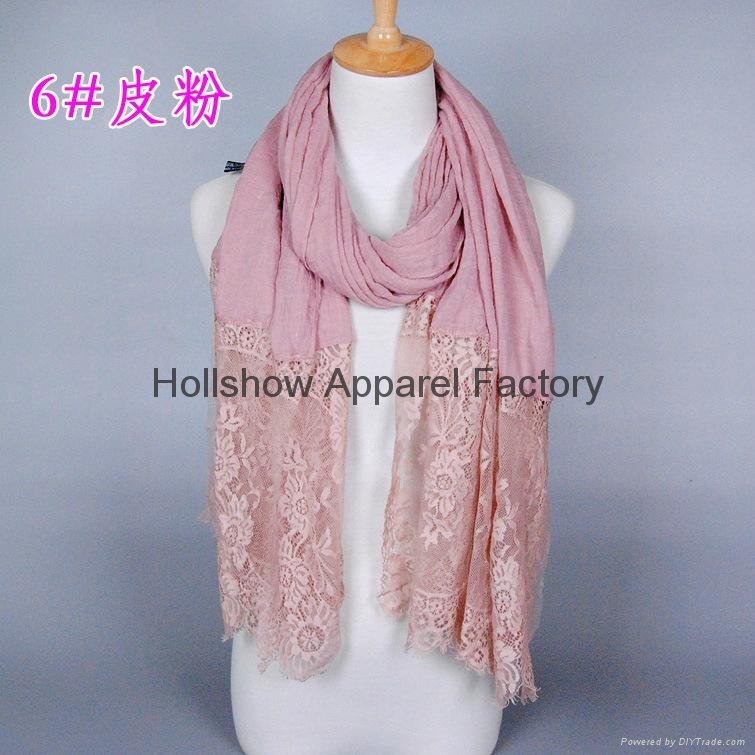 New Style Plain Solid Color Muslim Hijab Lace Scarf 5