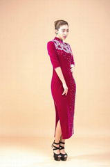 chinese tradtional velvet cheongsam long sleeve dress party dress