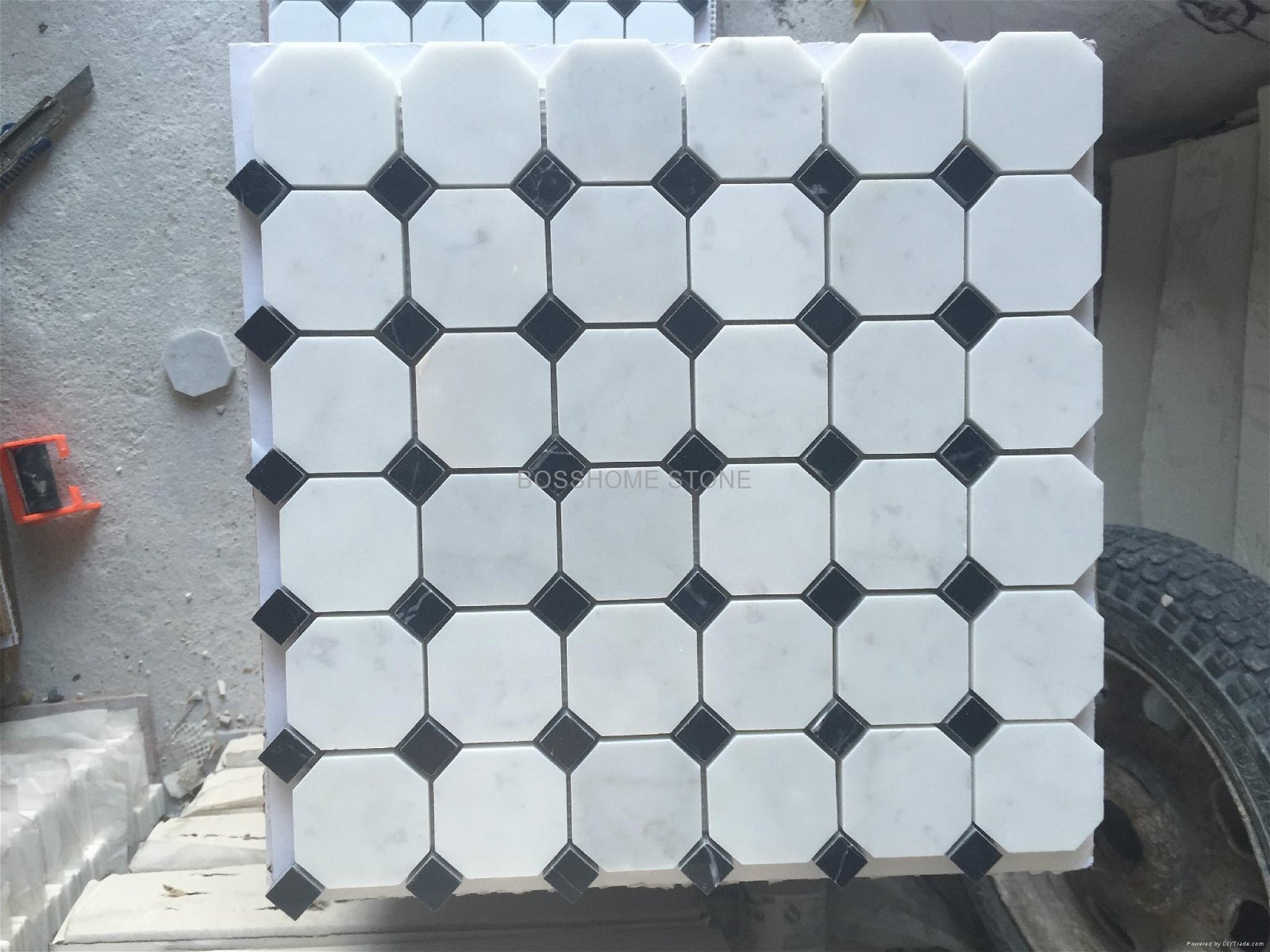 Black and white marble mosaic floor tiles