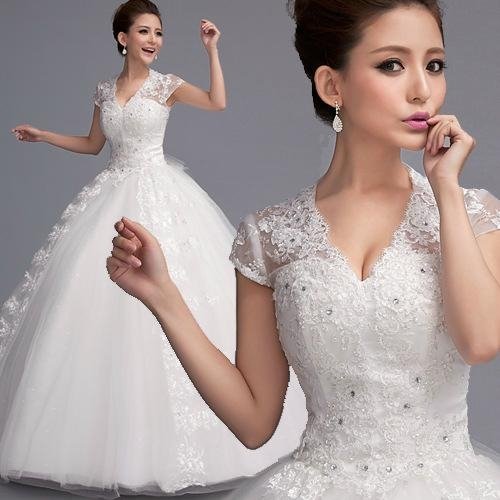 Luxury Spring shoulder v-neck short sleeve lace Princess Bride wedding dress147 
