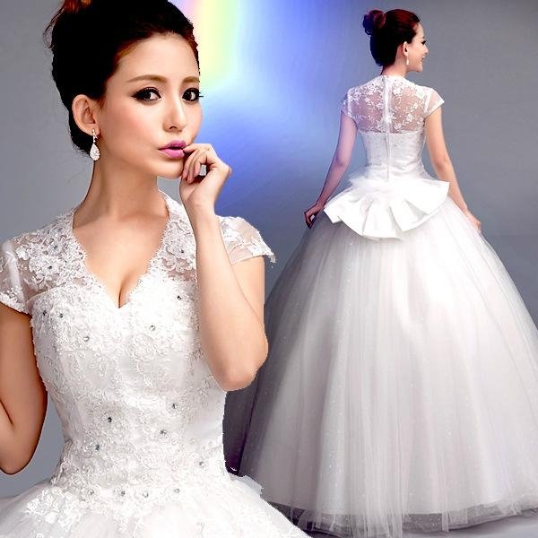 Luxury Spring shoulder v-neck short sleeve lace Princess Bride wedding dress147  2