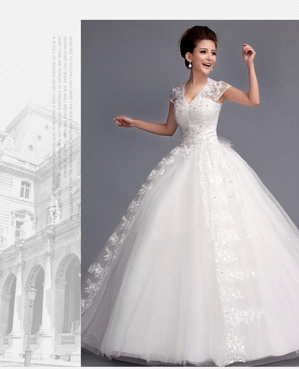 Luxury Spring shoulder v-neck short sleeve lace Princess Bride wedding dress147  5