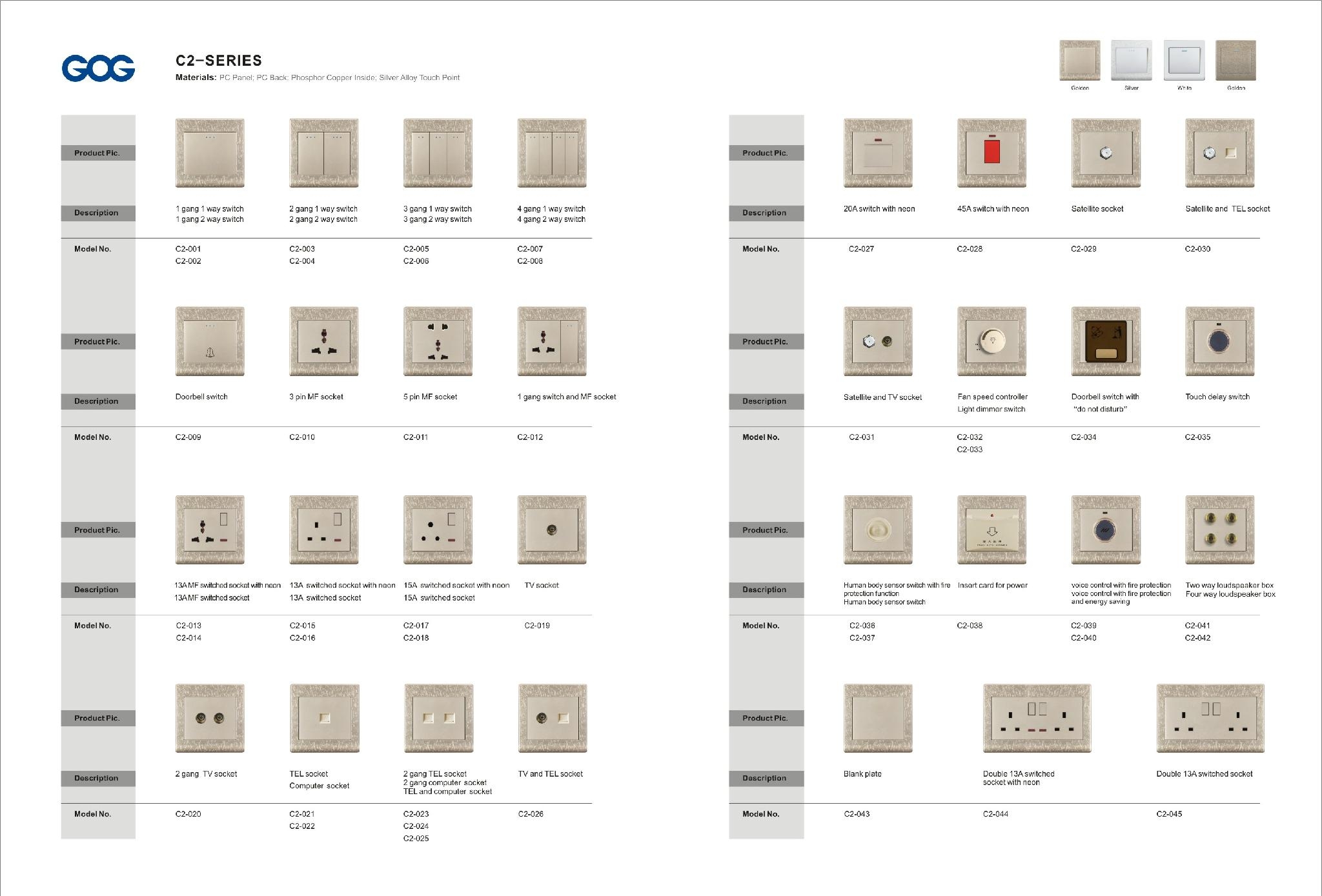 gold color electric wall switch and socket with carving plate C2001