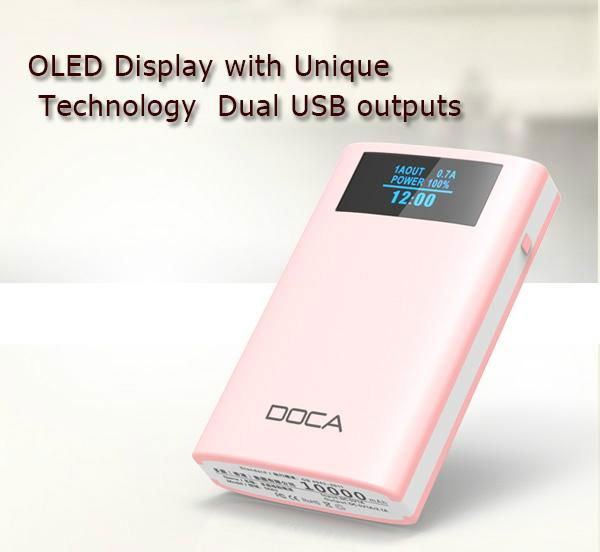 DOCA D563 10000mah power bank showing time and Alarm function 2