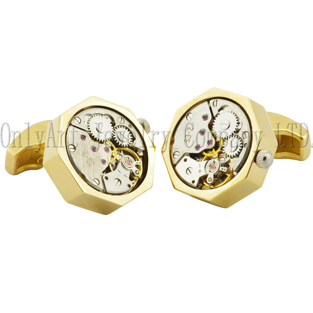 Gold plated clock movement cuff links logo engrave available watch movement cuff