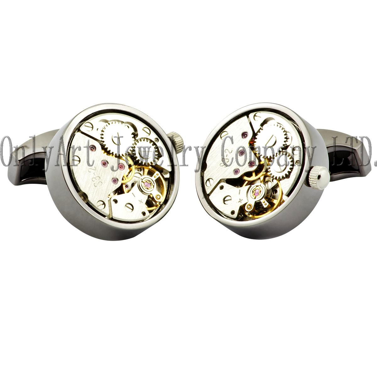 Gold plated clock movement cuff links logo engrave available watch movement cuff 3