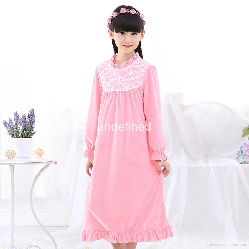 Nightgown Sleepwear Girls Long Sleeve Flannel Pajamas Children Lace Pijamas Swee 2