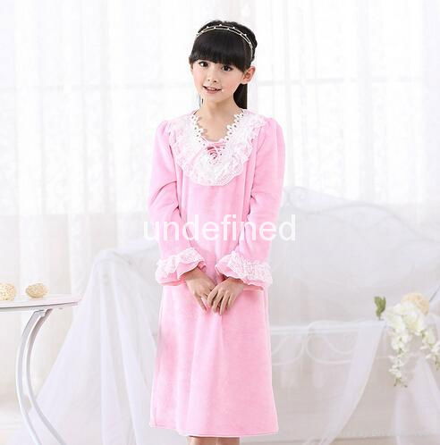 Girls Vintage Princess long sleeve soft coral fleece kids pijama lace nightgown 3