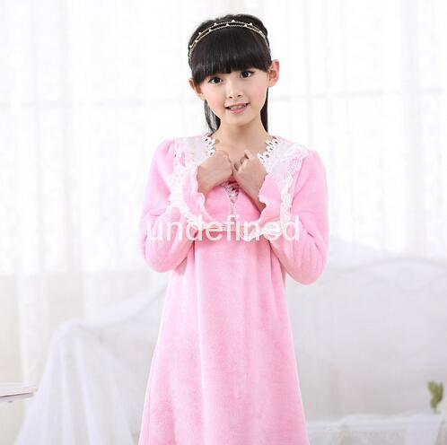 Girls Vintage Princess long sleeve soft coral fleece kids pijama lace nightgown 2