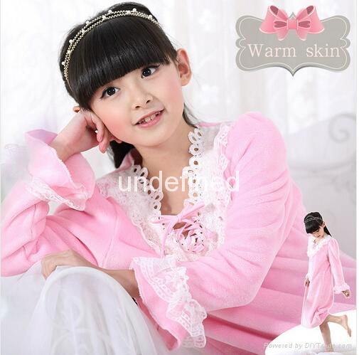 Girls Vintage Princess long sleeve soft coral fleece kids pijama lace nightgown