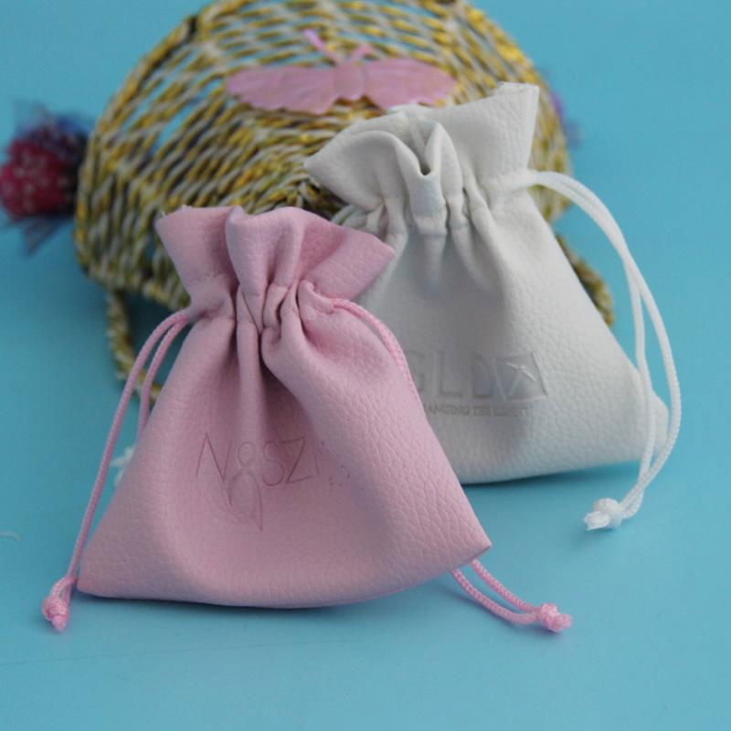 Wholesale Pink Color Drawstring leather Jewelry Bag With Logo 1