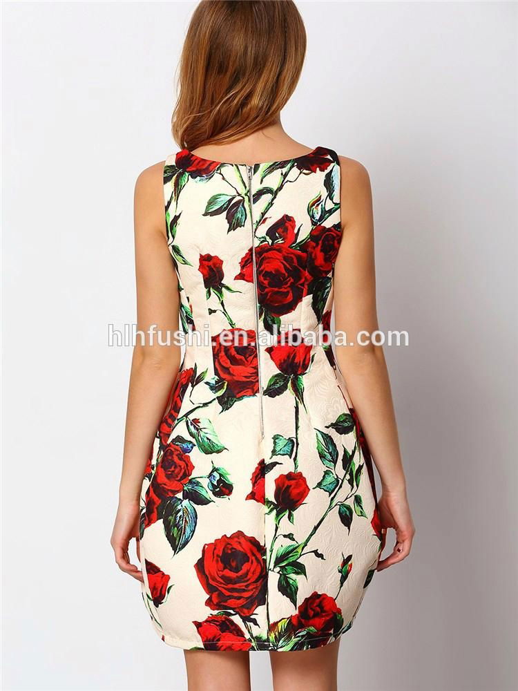elegant fit cutting floral print rose women dresses 2016 summer 3