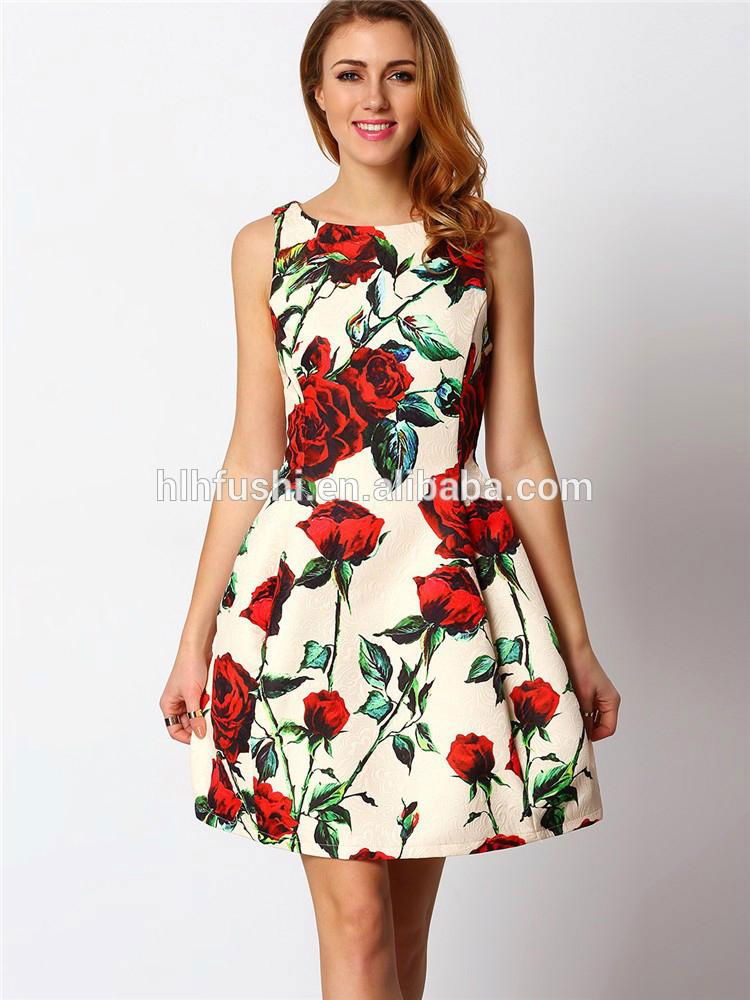 elegant fit cutting floral print rose women dresses 2016 summer 4