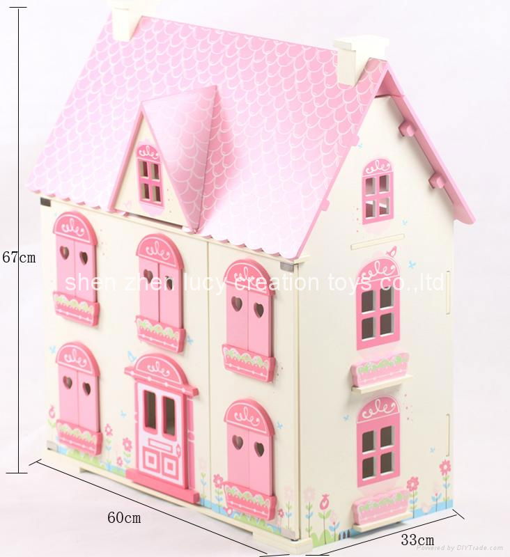 Traditional Pink Wooden Doll House with furniture