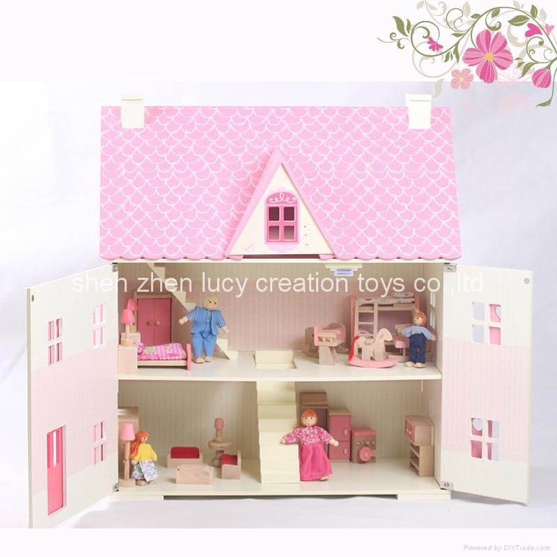 Traditional Pink Wooden Doll House with furniture 2