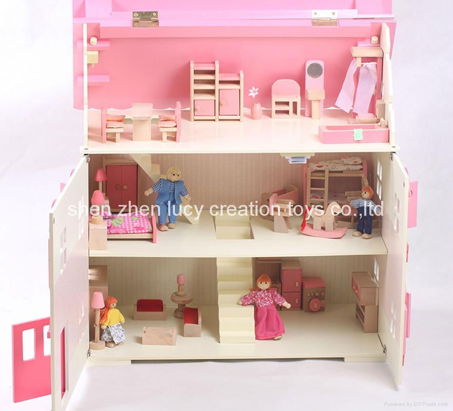 Traditional Pink Wooden Doll House with furniture 4