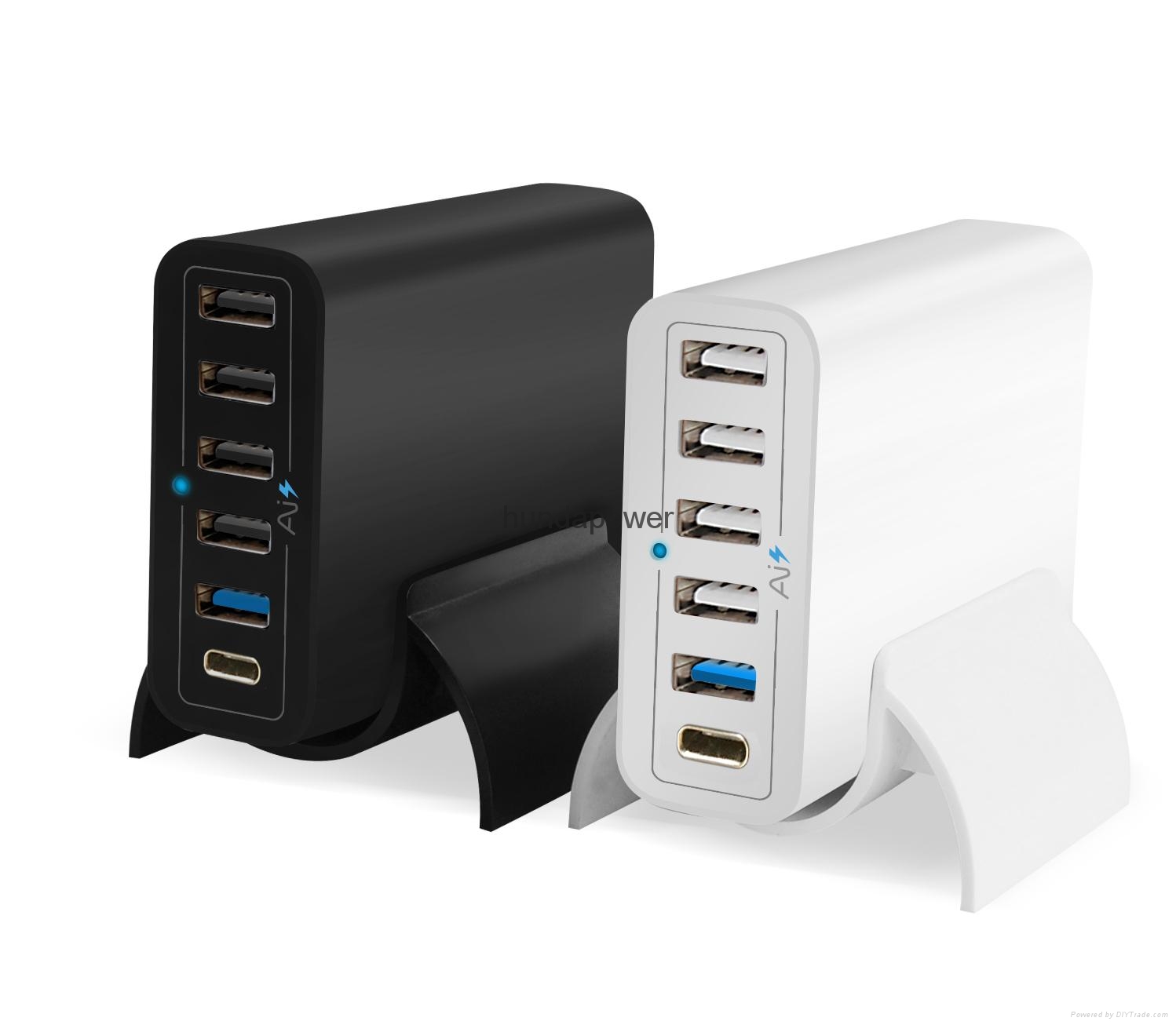 鸿达顺高通快充3.0，Type-C6口USB智能桌面手机平板充电器60W