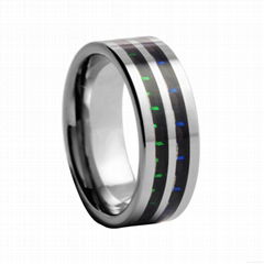 Mens green-black-blue carbon fiber inlay tungsten carbide ring 