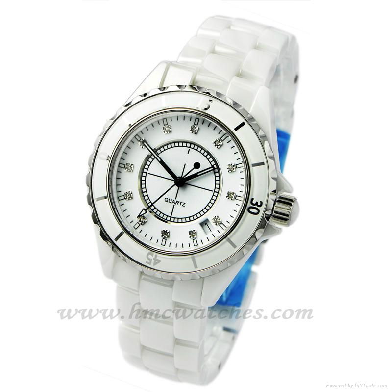Fashion round dial quartz analog white ceramic waterproof watch