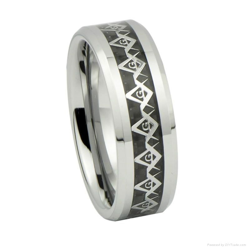 Silver Masonic Pattern Inlay Tungsten Carbide Wedding Rings