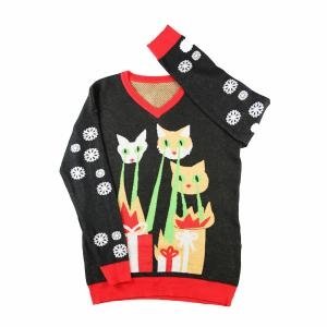 2015 Fall Christmas Gift Sweater Soft Acrylic Colorful Jacquard Snow Cat V-Neck 