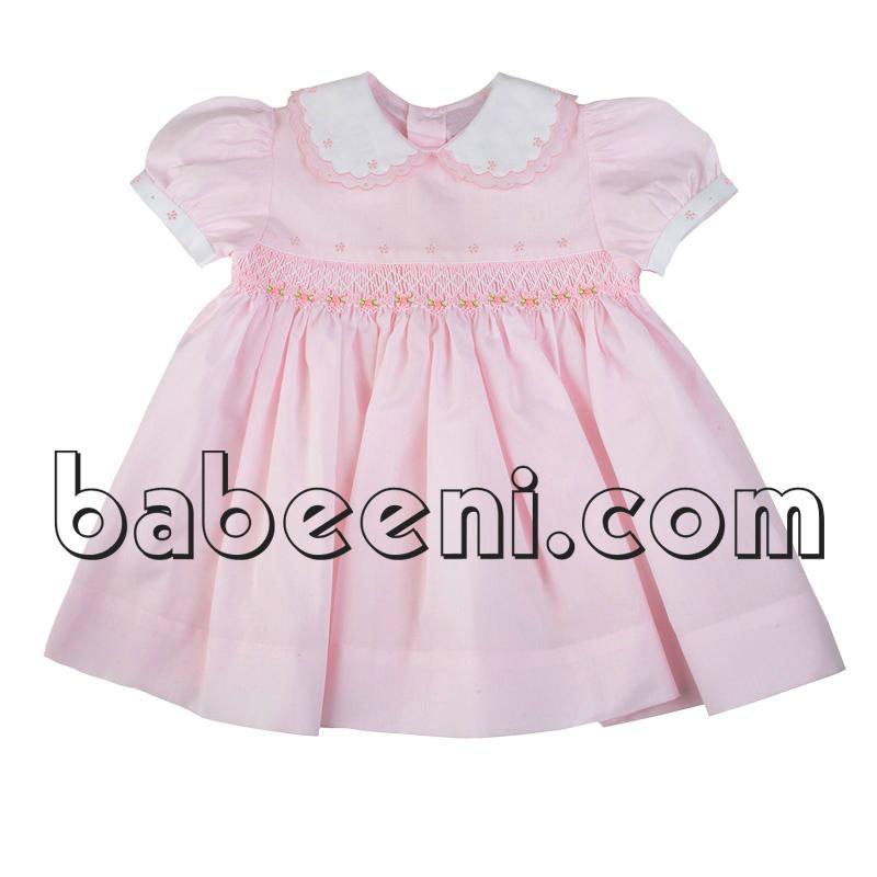 Pink geometric smocked scallop girl dress