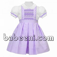 Lovely purple geometric smocked scallop girl dress