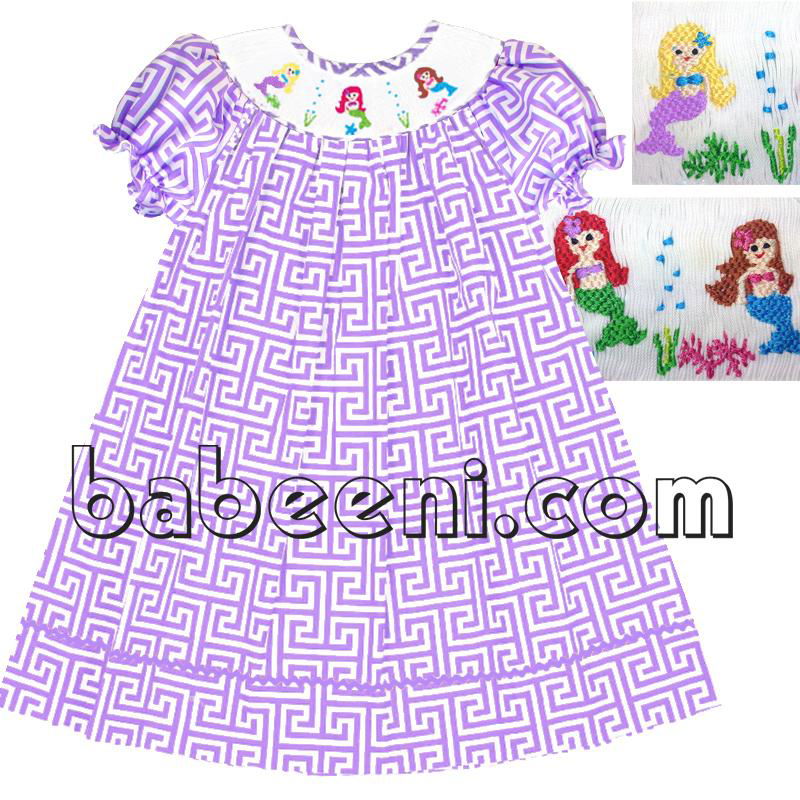 Mermaid hand smocked bishop dress for little girls  1