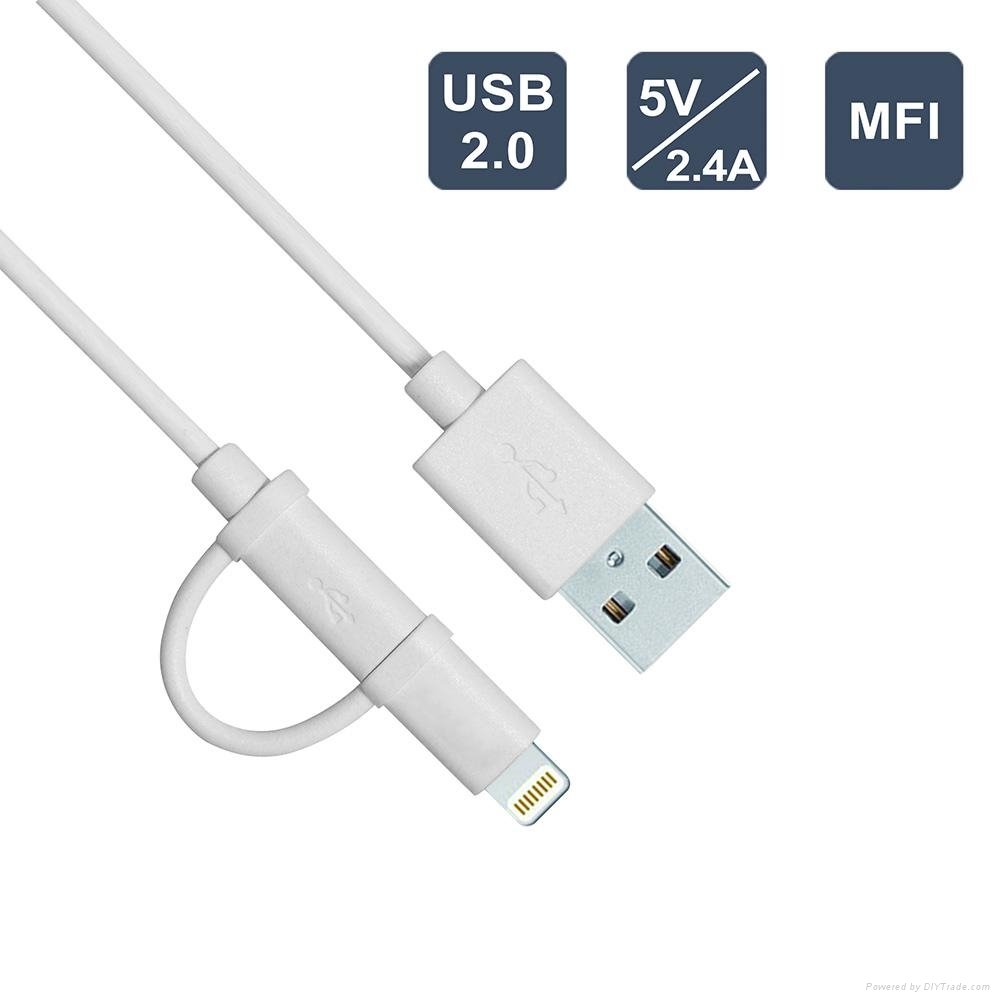 MFI certified 1m genuine 2 in 1 usb cable for iphone and samsung