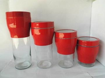 Red torch-shaped Glass Canister with stainless steel Set S/4