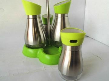 Glass color matching salt and pepper grinders and bottle rack with stainless ste 2