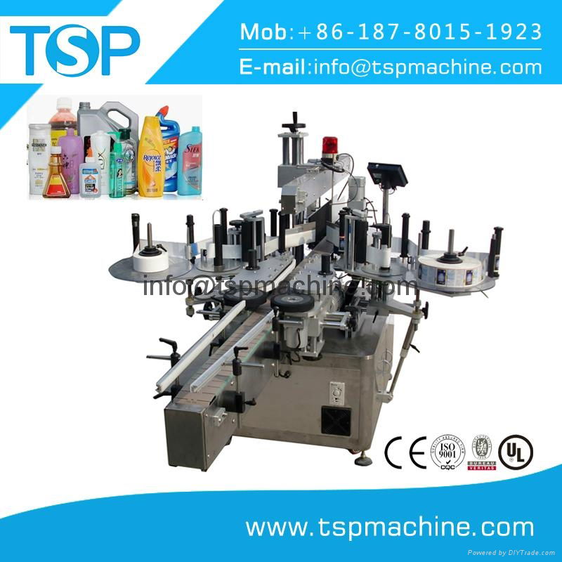 Automatic engine oil jerry can double side labeling machine