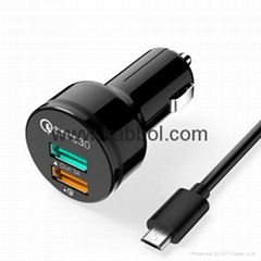 Quick charge 3.0 car charger 12v and one smart IC 5V 2.4A port charger adapter