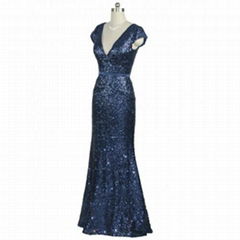 ELEGANT MERMAID SEQUINS V-NECK CAP SLEEVES BELT FLOOR LENGTH MOTHER DRESS M6029