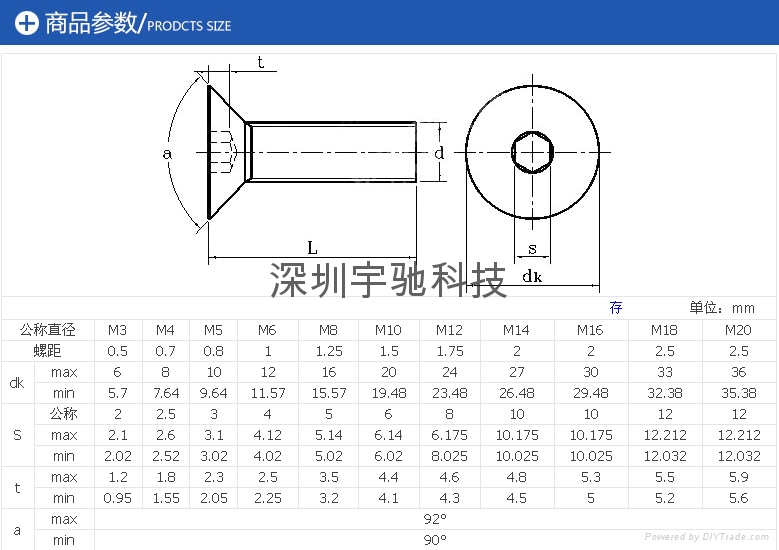 Countersunk head screw flat inner six angle M3M20 YUCHI (China