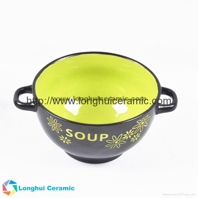 5.5'' Two-tone two-ear colorful simple pattern ceramic soup bowl