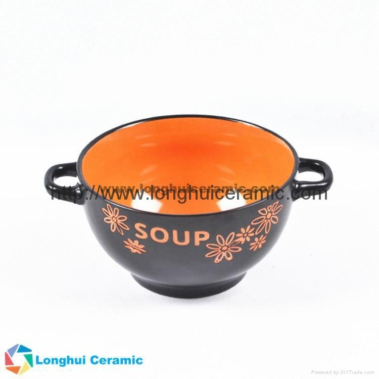 5.5'' Two-tone two-ear colorful simple pattern ceramic soup bowl 2