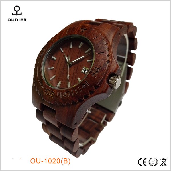 欧美流行木表100%天然红檀木手表带日历防水木手表