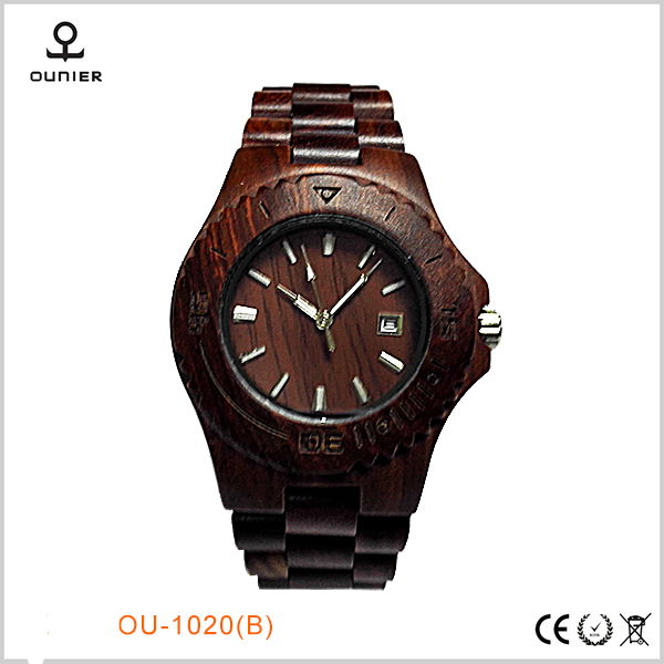 欧美流行木表100%天然红檀木手表带日历防水木手表 2