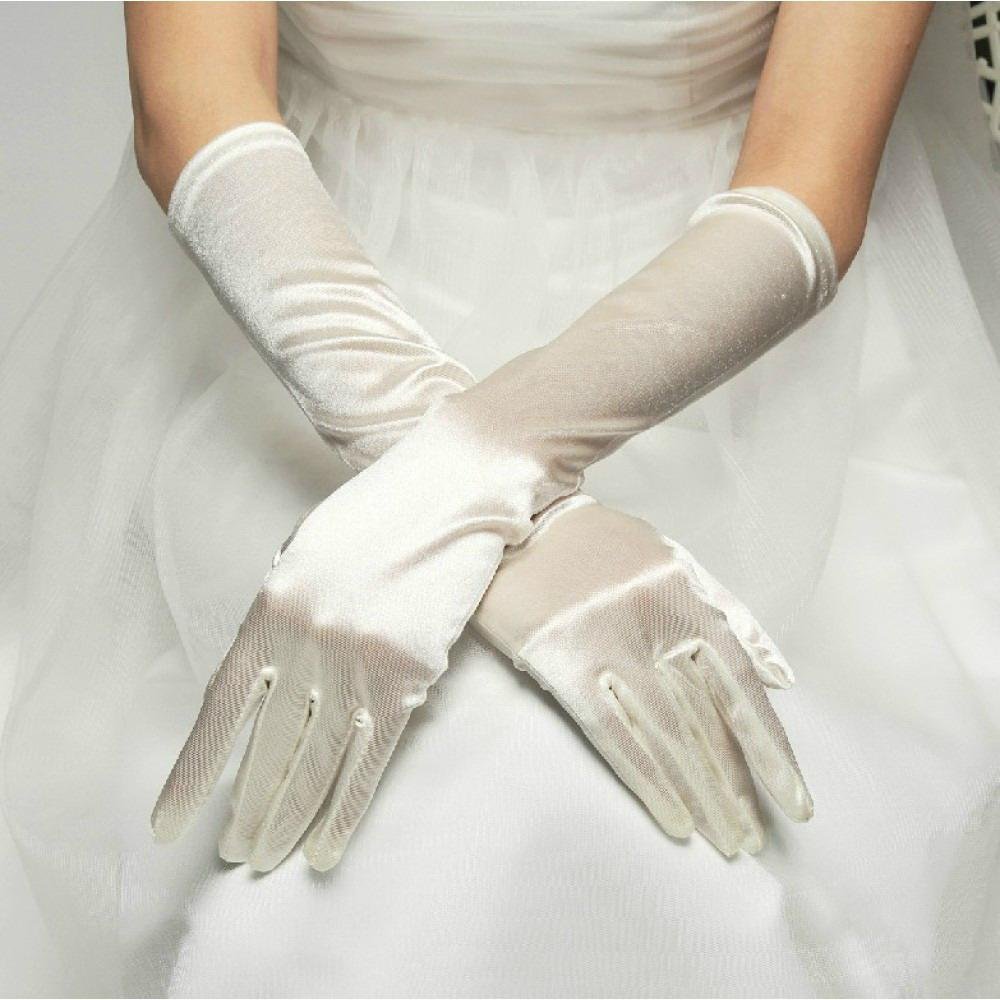 Luxury Ivory Satin Elbow Length Wedding Gloves 3