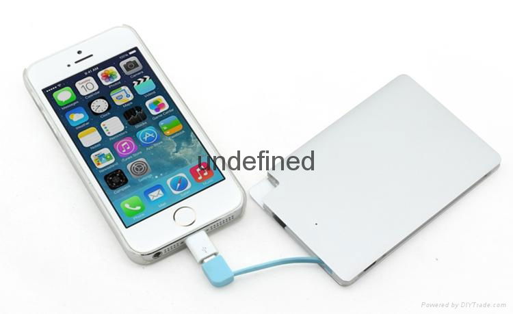 Customized Logo ultra slim credit card 3000 mah power bank build in cable 4