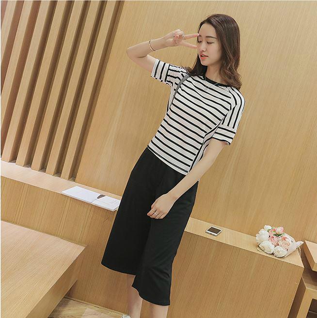 2017 New Summer Short-sleeved T-shirt Suit  Slim Round Neck Stripes Two Sets 5