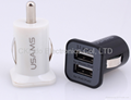 USAMS Dual-USB Car Charger Adapter For iPhone Samsung  (2.1A 12~24V