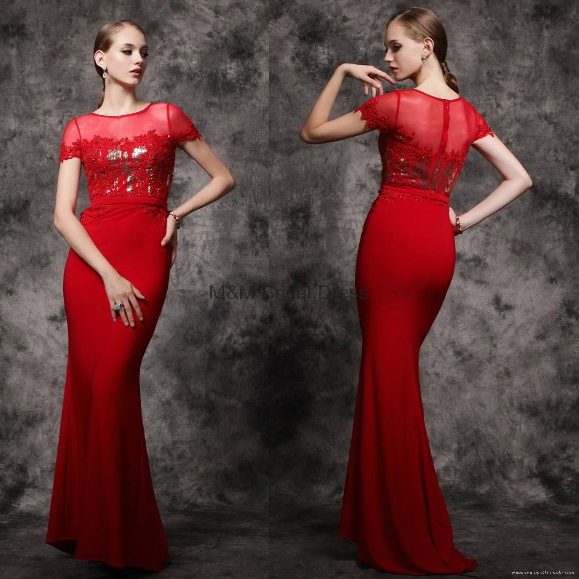 Elegant Red Lace Evening Gowns Appliques Chiffon Long Prom Dresses