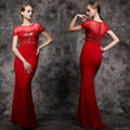 Elegant Red Lace Evening Gowns Appliques Chiffon Long Prom Dresses 1