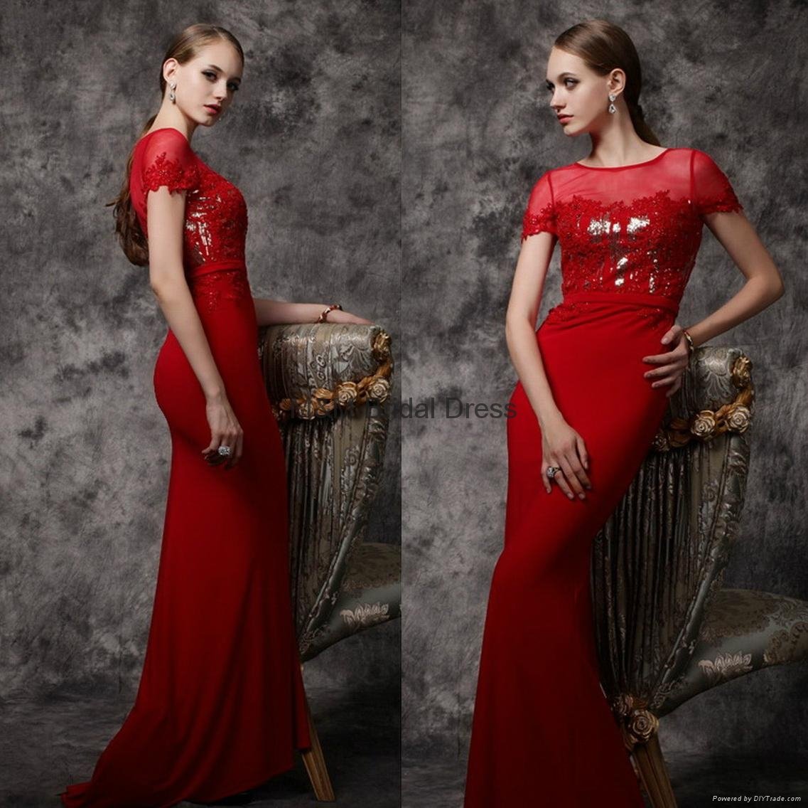 Elegant Red Lace Evening Gowns Appliques Chiffon Long Prom Dresses 2