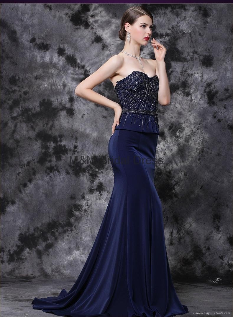 Elegant Navy Blue Lace Evening Gowns Appliques Chiffon Long Prom Dresses 2