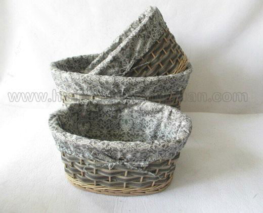 circle wooden wicker storage basket with fabric lining