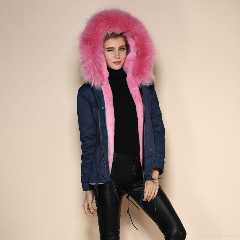 2016 women fashion fur coat with real fur collar and faux fur lining 3