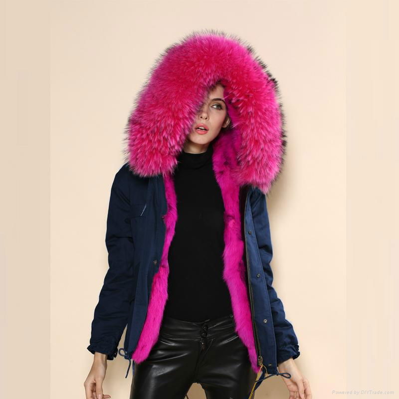 2016 women fashion fur coat with real fur collar and faux fur lining 2